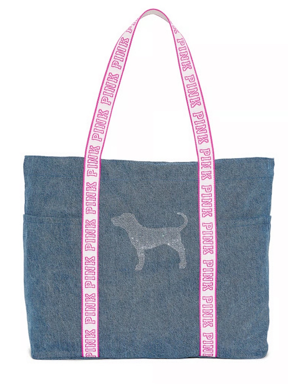 NWT PINK Victoria's Secret Diamanté Denim Tote with Pink Logo Straps
